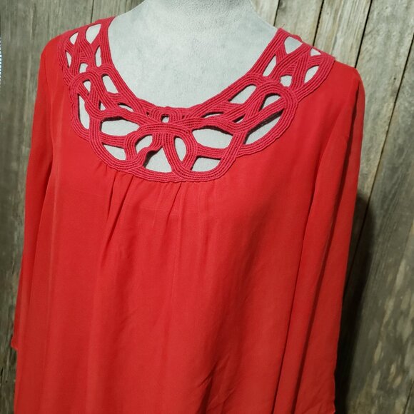 AB Studio XL Top Blouse Red Crochet Lace Neck Long Sleeve Pullover Chiffon - Picture 2 of 6